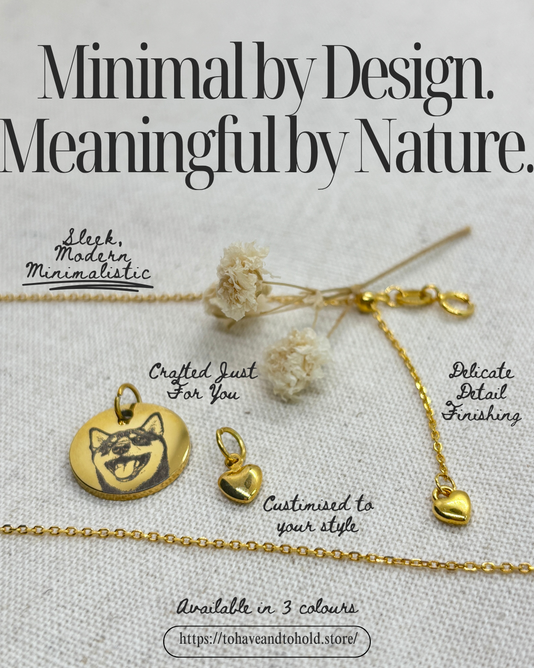 Gold jewelry set with pendants on a textured surface, featuring text about design and nature.
