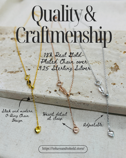 Three necklaces on a textured surface with text highlighting quality and craftsmanship.